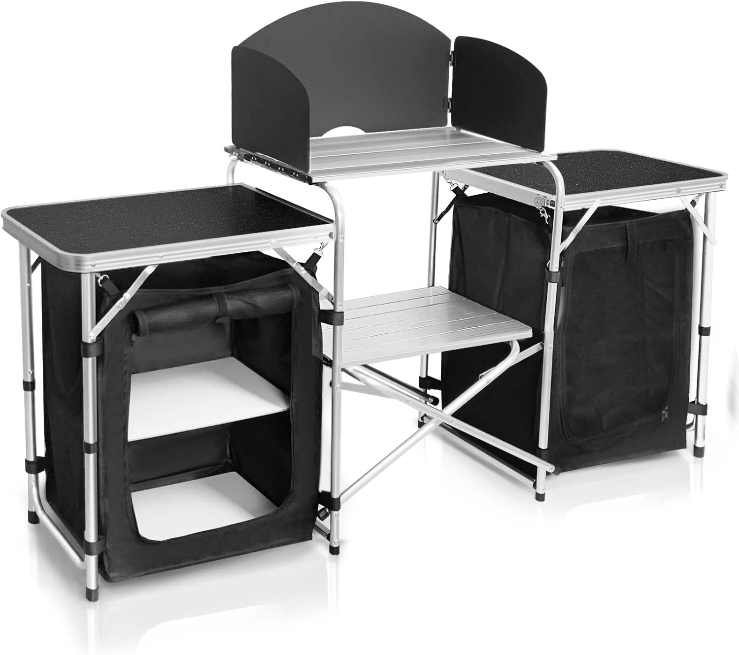 Camping Cooking Table With Storage - Folding Camping Kitchen Table with Windscreen,
