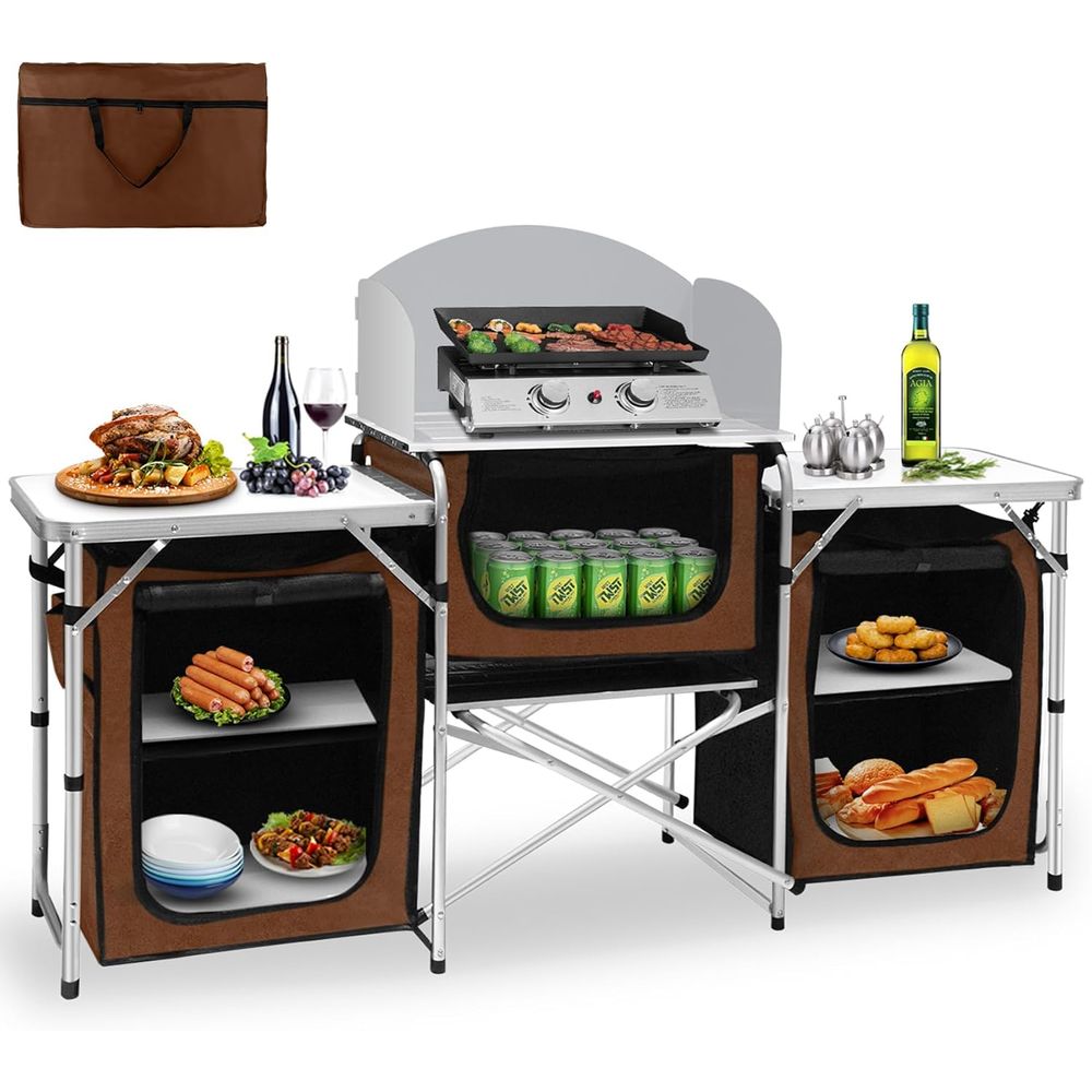 Camping Cooking Table With Storage - Camping Kitchen Table, Portable Outdoor Cooking