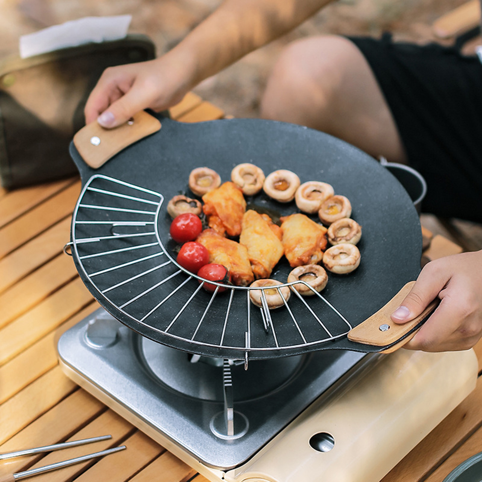 Camping Cooking Cupboard - Solid Wood Barbecue Pan Heat Resistant